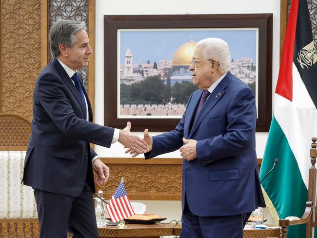 US Secretary of State Antony Blinken shakes hands with Palestinian president Mahmud Abbas in the West Bank city of Ramallah. Picture: AFP