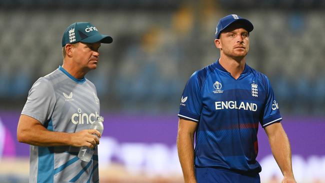 England coach Matthew Mott (L) and captain Jos Buttler cut downcast figures after the defeat. Picture: Getty