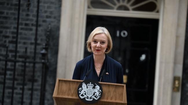 Britain’s Prime Minister Liz Truss delivers her resignation speech outside 10 Downing Street in central London. Picture: AFP