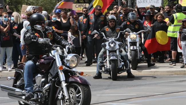 The Black Death Indigenous Political Club rode motorcycles in the march. Picture: NCA NewsWire/Emma Brasier