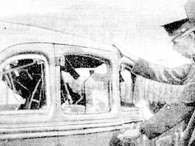 The smashed windows of one of the cars through which Otto Lingham escaped. Picture: Picture: Newcastle Morning Herald and Miners Advocate, March 30, 1936.