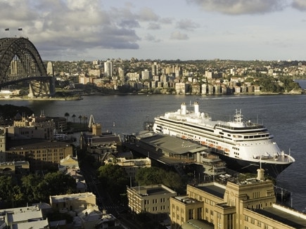 Sydney Harbor view from high vantage point in hotel.  Sydney Bridge, Opera House, cruise ships and ferries.  Circular Quay area.  Sydney, Austrailia (Sydney Harbor view from high vantage point in hotel.  Sydney Bridge, Opera House, cruise ships and feescape december 27 2020 doc holiday