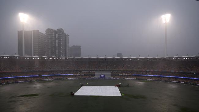 A general view of The Gabba as rain delays play on the first day of the third cricket Test match between Australia and India in Brisbane on December 14, 2024. (Photo by David GRAY / AFP)