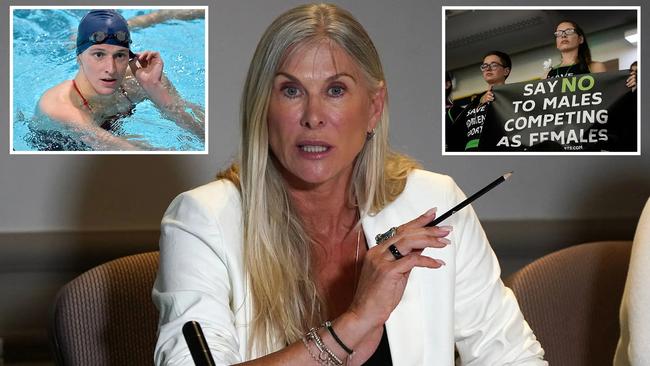 Sharron Davies, main, has called on others sports to ban transgender athletes such as US swimmer Lia Thomas, inset left.