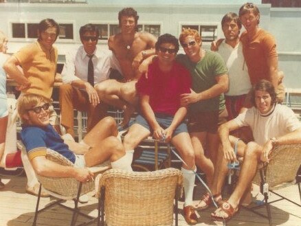 Woodville Football Club 1972 footy trip. Back row from left Bob Reid, Bob Simunsen, Kevin Kelly, Boll Sanders, Eddie Holland, Ray Buckley, Greg Cox, Seated, left Malcolm Blight and right, Mark Peters