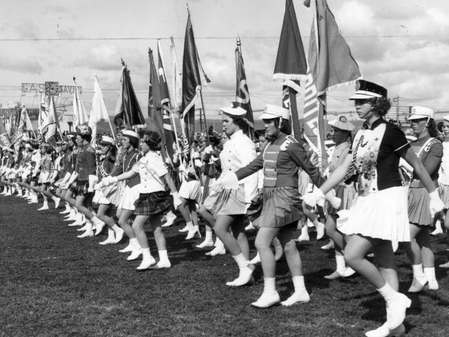 SA marching girls on the oval at the 1936 Royal Adelaide Show 1963.