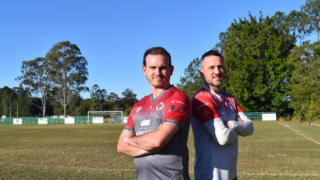 Nambour Yandina United captain Brendan Prickett and coach Kyle Nix have the club firing on all cylinders towards a maiden division 1 title. Picture: Matty Holdsworth