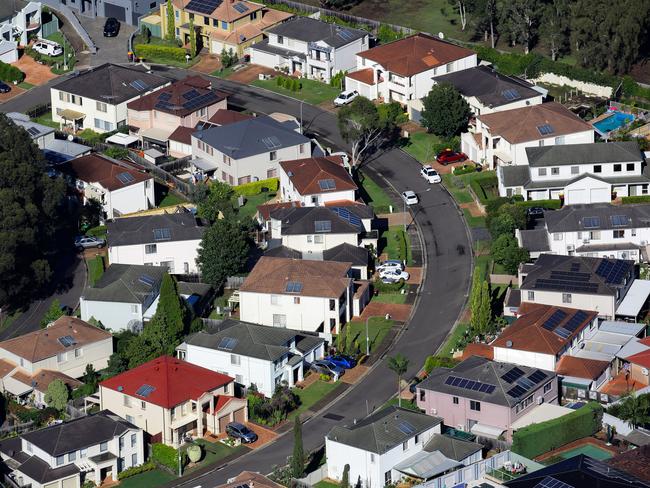 SYDNEY, AUSTRALIA - NewsWire Photos MARCH 24, 2021: An Aerial view of the Housing Market in the Western Sydney region where many homes have solar panels installed on the rooftops, Sydney Australia. Picture: NCA NewsWire / Gaye Gerard