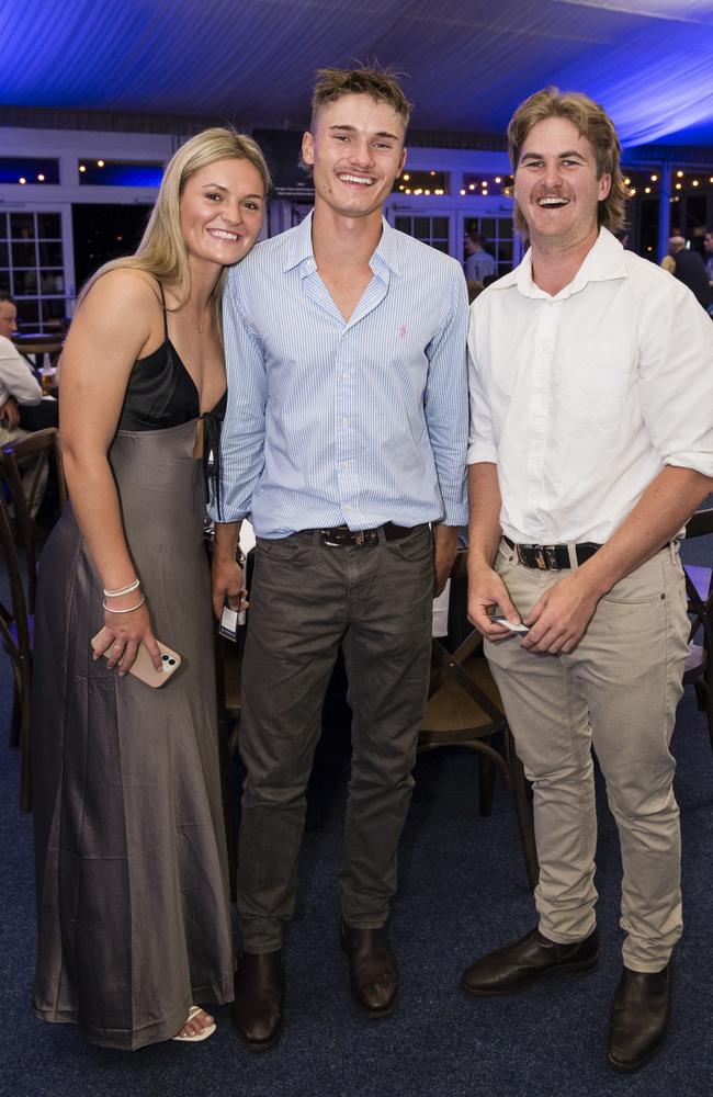 Representing Highfields Eagles are (from left) Jess Fitzgibbons, Carter Blades and Riley Wockner at the TRL awards night at Clifford Park Racecourse, Friday, September 8, 2023. Picture: Kevin Farmer