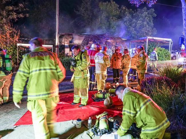 Lake Hume Village NSW, AUSTRALIA - Herald Sun - May 31st, 2021:Fire fighters attending a cabin fire at The Boat Shed Lake Hume Restaurant Cafe Wedding and Function Centre. (Witness to the fire Meridee ph 0403 488 085, she didnÃ¢â¬â¢t want her name used or her kids, was in the cabin across the road when the fire started)BYLINE -  Simon Dallinger