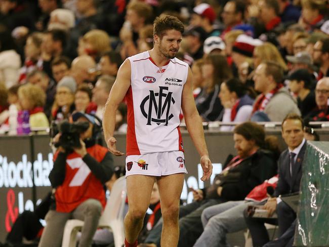 Jesse Hogan was reported for striking St Kilda’s Jarryn Geary. Picture: Wayne Ludbey