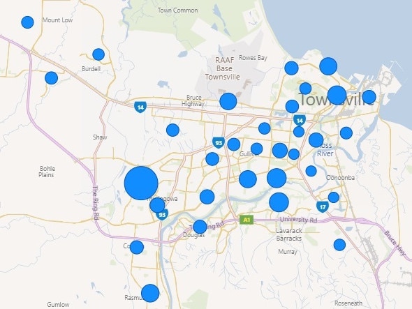 Distribution of illegal graffiti incidents on TCC assets by suburb in 2022. Picture: Townsville City Council Property Services.