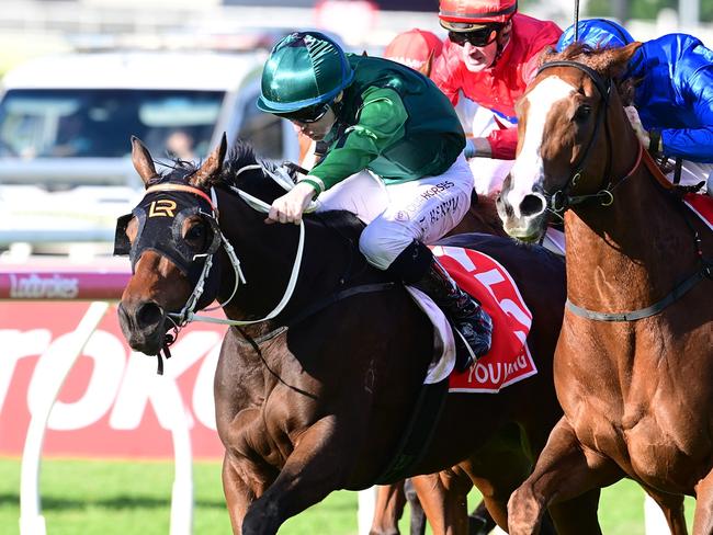 Kris Lees-trained filly You Wahng wins the Group 1 Queensland Oaks at Eagle Farm, with Tommy Berry riding. Picture: Grant Peters, Trackside Photography.