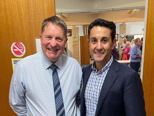 Former Fraser Coast Councillor David Lee, pictured with state opposition leader David Crisafulli, on the night he was announced as the LNP candidate for Hervey Bay.