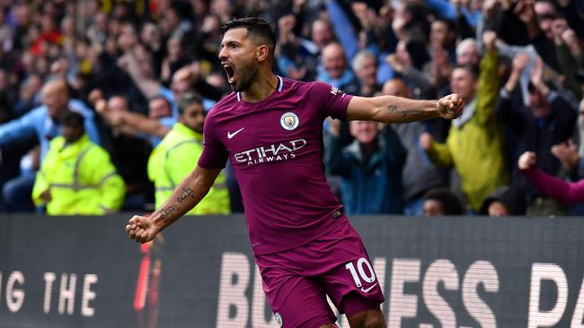 Manchester City's Argentinian striker Sergio Aguero celebrates.