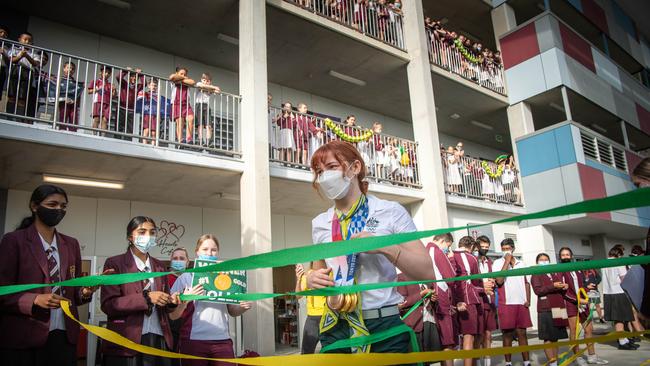 Mollie O'Callaghan back to school at St Peters Lutheran returning from the Olympics with 2 Gold and a Bronze medal. PICTURE: Brad Fleet