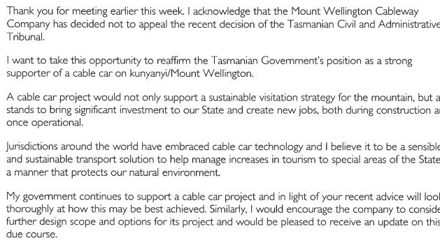 Private letter from Tasmanian Premier Jeremy Rockliff to the Executive Chair of the Mount Wellington Cableway Company