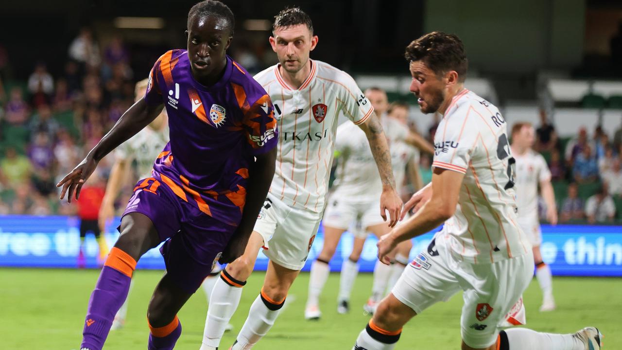 Joel Anasmo of the Glory looks to dispose the ball during the A-League Men round 17 match between Perth Glory and Brisbane Roar at HBF Park. Picture: James Worsfold/Getty Images