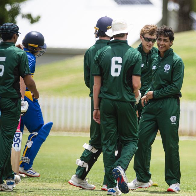 Brisbane Boys College (BBC) bowler D'Arcy Satharasinghe (centre) celebrates after Oliver Lockwood of Toowoomba Grammar School (TGS) is caught and bowled in round 1 GPS Competition 1st cricket at Mills Oval, TGS, Saturday, February 1, 2025. Picture: Kevin Farmer