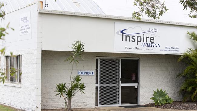 Inspire Aviation at Caloundra Aerodrome where a charter plane departed Wednesday afternoon and is now missing after reporting a Mayday call near Moreton Island. Picture: Lachie Millard