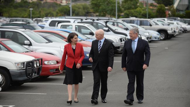 Then- State Transport Minister Gladys Berejiklian with former Campbelltown state Liberal MP Bryan Doyle and independent Campbelltown councillor Paul Lake when the government promised 450 parking spaces at Campbelltown Station during the 2015 state election campaign. Picture: Robert Pozo