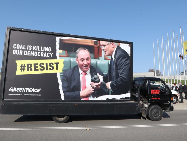 Greenpeace protest billboard outside Parliament House. Picture Kym Smith