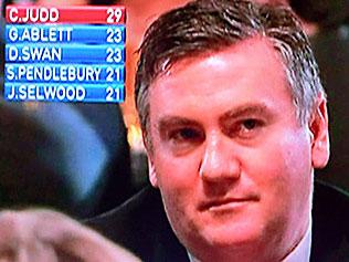 Eddie McGuire was caught with an unimpressed look on his face, as Chris Judd took an unbeatable lead in the Brownlow count. This picture went viral on Twitter at  twitter.com/bradjc