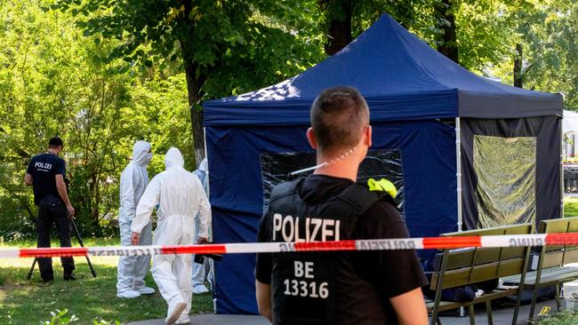 Forensic experts secure evidences at the site of shooting of former Chechen rebel commander Zelimkhan Khangoshvili in Berlin in August 2019. Picture: AFP