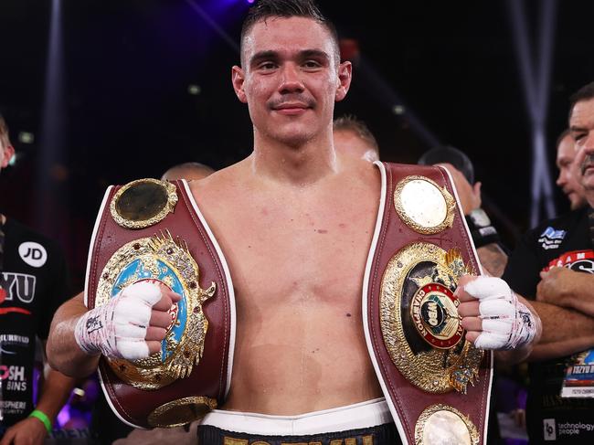 SYDNEY, AUSTRALIA - NOVEMBER 17:  Tim Tszyu celebrates winning  the WBO Global and Asia Pacific Super Welterweight title bout between Tim Tszyu of Australia and Takeshi Inoue of Japan at Qudos Bank Arena on November 17, 2021 in Sydney, Australia. (Photo by Mark Kolbe/Getty Images)