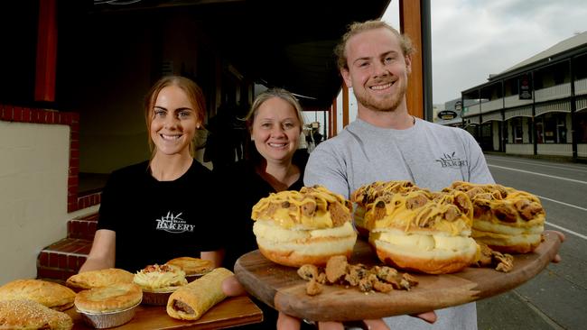 Alanna Horrocks, Jacqueline Brayford (owner) and Russell Kleinig pictured outside the Port Elliot Bakery. Photo: Sam Wundke.