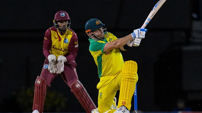 Aaron Finch is back in the nets preparing for the T20 World Cup. Picture: Randy Brooks / AFP