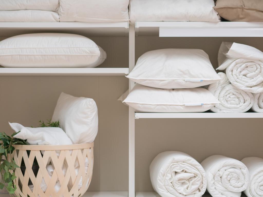 Various household items such as pillows and quilts standing in the white cupboard in the laundry room.
