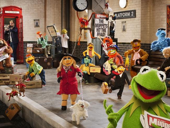 Dora The Explorer director James Bobin (in the phone box) directed the 2014 film The Muppets … Again!, starring Ricky Gervais, Ty Burrell, Tina Fey and The Muppets. Picture: Supplied