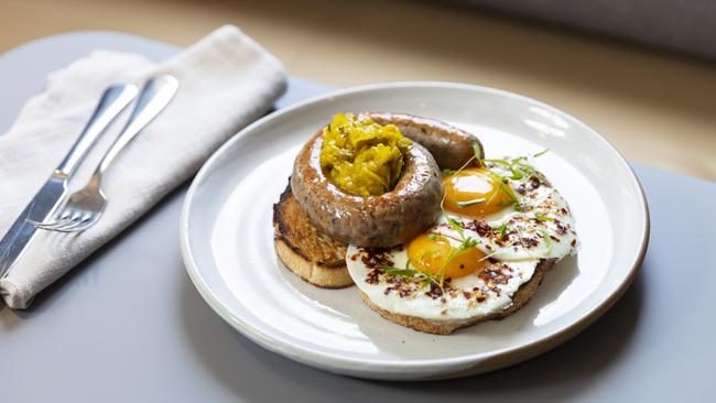 Breakfast bestseller the Cumberland sausage with chilli eggs and chunky zucchini relish.