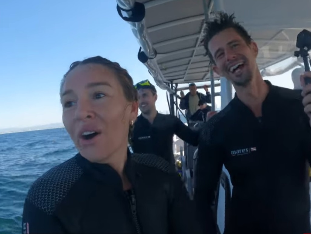 Jacqueline Payne and Max Persyn were snorkelling off Southport on the Gold Coast when they captured the gentle giant’s unexpected act. Picture: YouTube/Max and Jacqueline