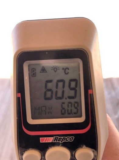 A thermometer in Glendambo at 1.44pm. Picture: Carla Maree Partidge 