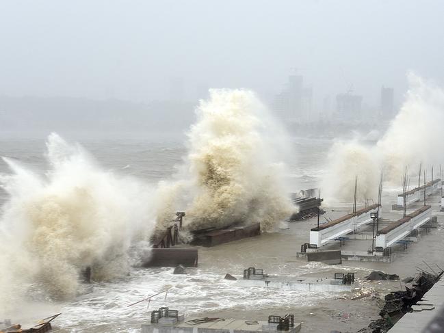 Waves lash over onto a shoreline in Mumbai as Cyclone Tauktae bears down on India. Picture: AFP