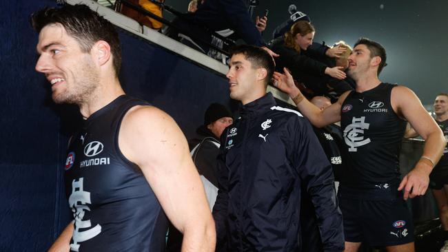 MELBOURNE, AUSTRALIA - MAY 09: Adam Cerra of the Blues leaves the field after a win during the 2024 AFL Round 09 match between the Carlton Blues and the Melbourne Demons at The Melbourne Cricket Ground on May 09, 2024 in Melbourne, Australia. (Photo by Dylan Burns/AFL Photos via Getty Images)