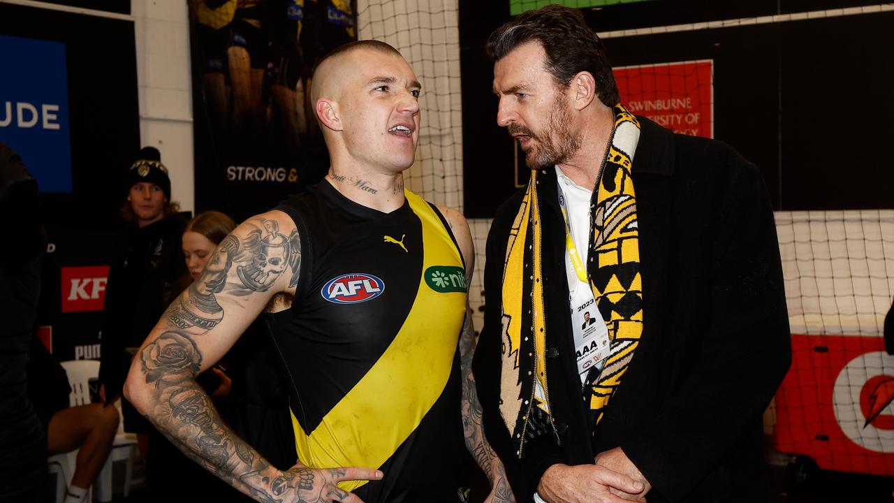 MELBOURNE, AUSTRALIA - JUNE 17: Dustin Martin of the Tigers and CEO Brendon Gale chat during the 2023 AFL Round 14 match between the Richmond Tigers and the St Kilda Saints at the Melbourne Cricket Ground on June 17, 2023 in Melbourne, Australia. (Photo by Michael Willson/AFL Photos via Getty Images)