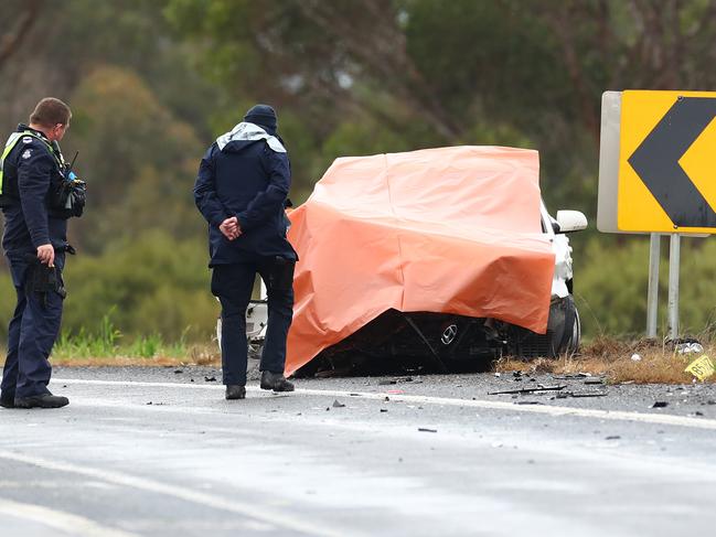 Emergency services at the scene of a two car crash in Balliang on Bacchus Marsh Rd. Picture: Alison Wynd