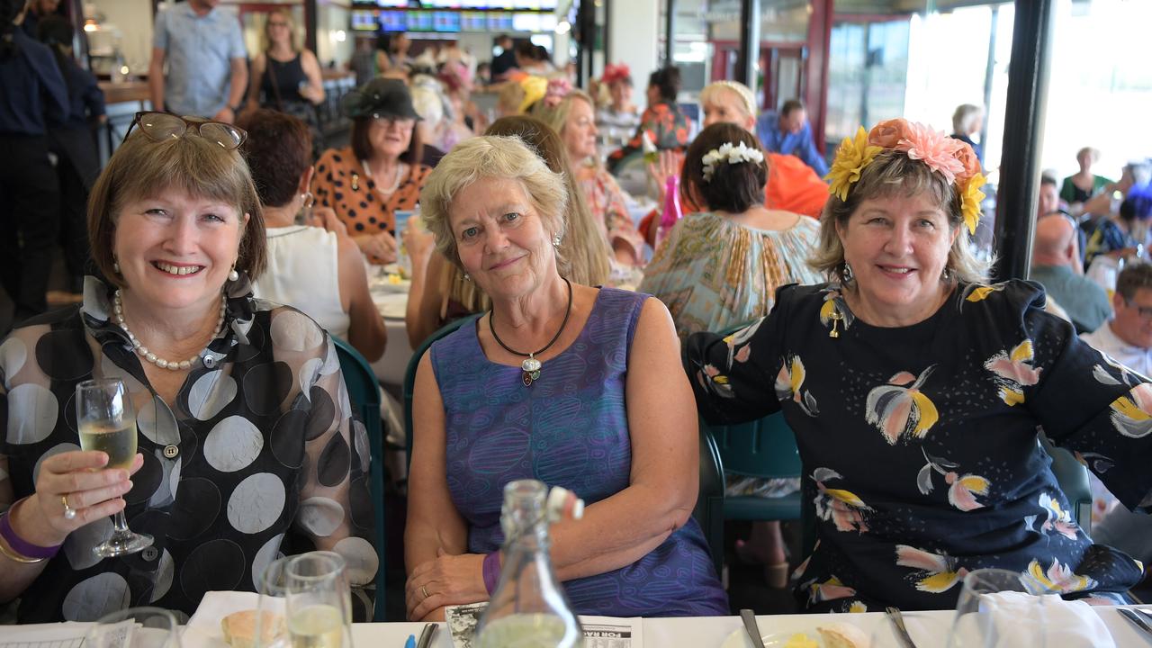 Michelle Graham, Gabby Brown and Kerry McPhee ready for a big day at Darwin Turf Club. Picture: (A)manda Parkinson