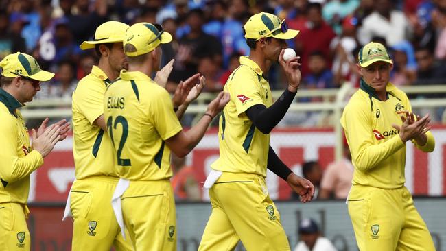 Mitchell Starc holds up the ball after taking five wickets during Australia’s win over India Dr YS Rajasekhara Reddy ACA-VDCA Cricket Stadium in Visakhapatnam. Picture: Getty Images