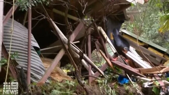 A rockslip at Mackerel Beach on the northern beaches destroyed one home and damaged another. Picture: 9 News.