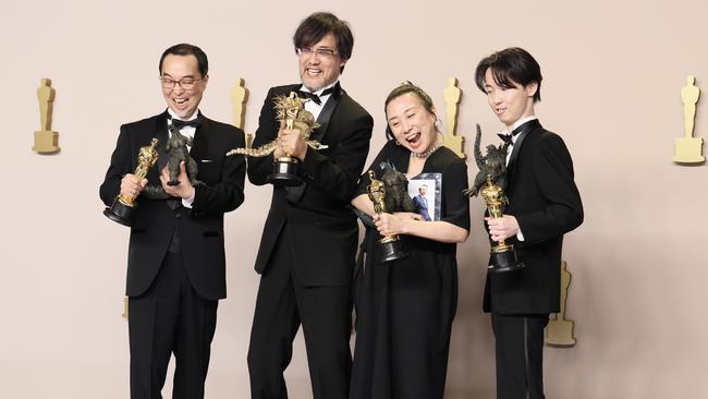 The filmmakers accept their Oscars for Best Visual Effects at this year’s Academy Awards. Picture: Rodin Eckenroth/Getty