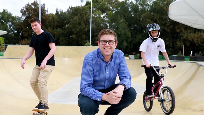 Skater Andrew Marselos and BMX rider Jonny Valenta with Ryde Mayor Jerome Laxale at  the new facility. 