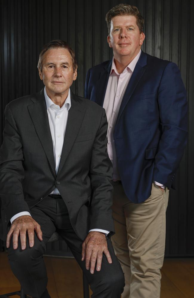 Outgoing Collingwood president Jeff Browne and chief executive officer of Myeloma Australia Mark Henderson. Picture: Michael Klein