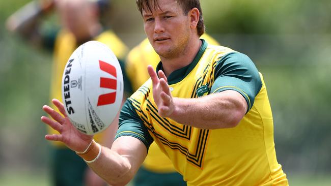 BRISBANE, AUSTRALIA - OCTOBER 22: Harry Grant during an Australia Kangaroos training session at Ballymore Stadium on October 22, 2024 in Brisbane, Australia. (Photo by Chris Hyde/Getty Images)