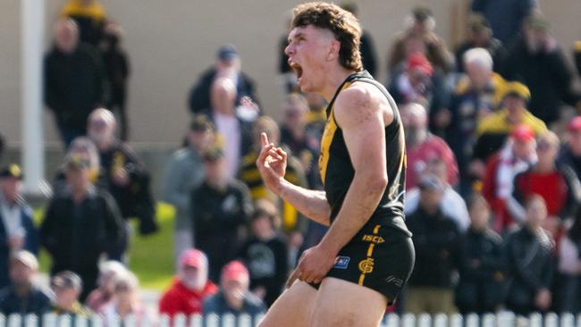 Brady Searle celebrates after scoring a goal during an SANFL game in August, 2022. Picture: The Advertiser/ Morgan Sette