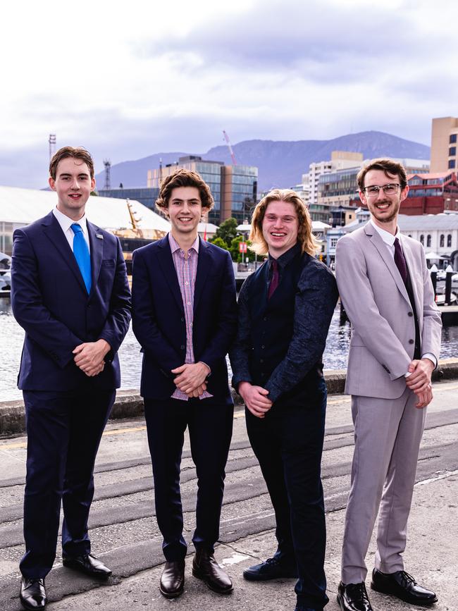 Hobart College leavers dinner 2022 Xavier Willits, Seb Gadsby, Josef Meyer, and Joshua Griffin Picture: Linda Higginson