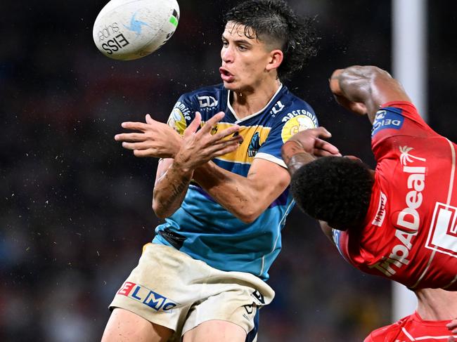 BRISBANE, AUSTRALIA - MAY 14: Jayden Campbell of the Titans competes for the ball during the round 10 NRL match between the Gold Coast Titans and the St George Illawarra Dragons at Suncorp Stadium, on May 14, 2022, in Brisbane, Australia. (Photo by Bradley Kanaris/Getty Images)